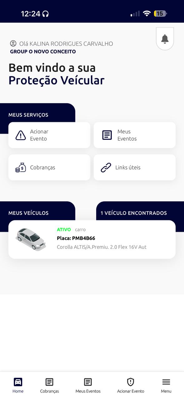 Tela inicial do app do associado SGroup mostrando proteção veicular, serviços e veículos cadastrados